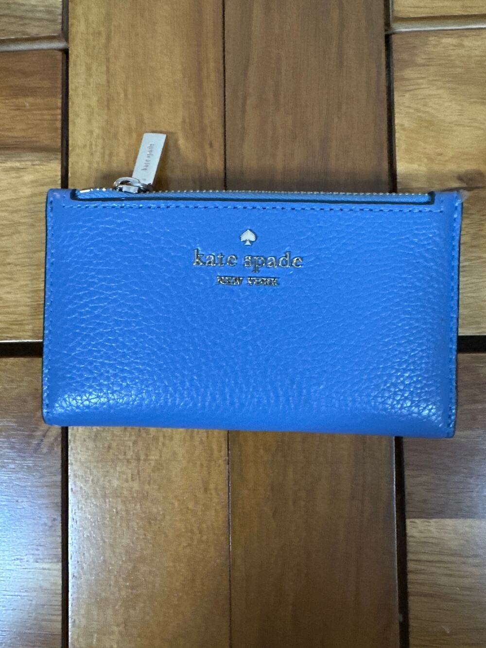 Kate Spade Small Slim Bifold Wallet Fresh Blue Pebbled Leather NWT